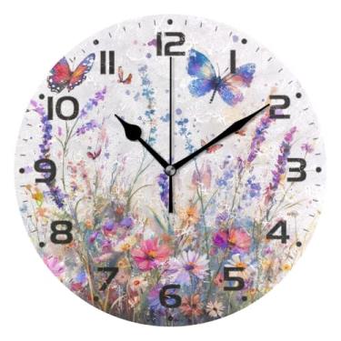 Imagem de JUZIHAI Relógio de parede com padrão de flores, silencioso, redondo, sem tique-taque, operado por bateria, fácil de ler, relógio decorativo de parede para casa, cozinha, sala de estar, quarto