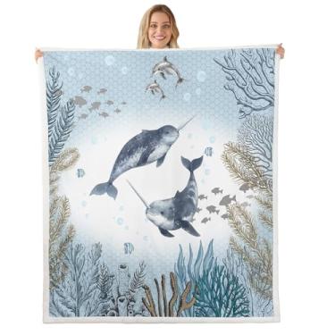 Imagem de Erosebridal Cobertor de lã de narval oceano, 101 cm x 127 cm, azul petróleo, litoral, felpudo, sherpa, cobertor, mundo subaquático, para crianças, sofá, coral, recife, peixe, kawaii, vida marinha,