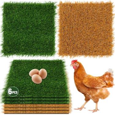 Imagem de Jollidecor 6 almofadas de assentamento para galinheiro - 30,5 cm x 30,5 cm, forros de caixa de grama artificial laváveis para colocar ovos, cama de galinha verde e marrom claro para caixa de assento