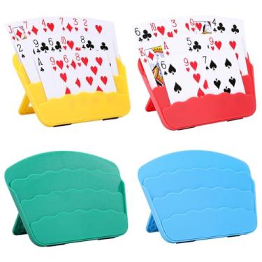 Imagem de Pacote com 4 porta-cartas para mãos pequenas ou artrite, design de três camadas para noites de jogos UNO, pôquer, canastra, adultos, crianças, idosos, acessórios de cartas para reuniões de família e