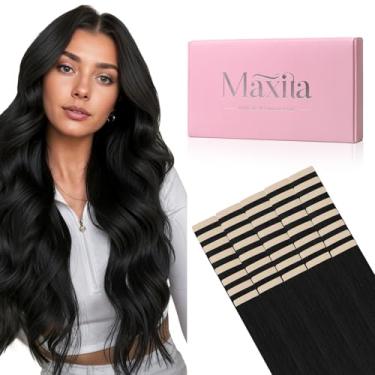 Imagem de MAXITA Extensões de cabelo humano com fita adesiva 1B preto natural 55 cm 100 g 40 peças de cabelo humano Remy extensões de cabelo liso sem costura fita invisível em extensões de cabelo humano
