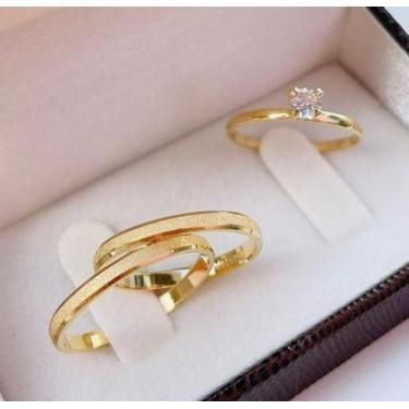 Imagem de Par De Aliança De Namoro Diamantada Banhada ouro 18k 2mm + solitário -