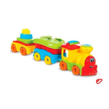 Imagem de Trenzinho para Puxar João Fumaça com Vagões com Cubos de Formas e Peças Empilháveis Que Emitem Som Amarelo Maral 02