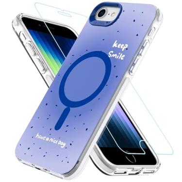 Imagem de BESINPO Capa magnética para iPhone SE 2022/SE 2020/8/7 capa de 4,7 polegadas com protetor de tela de vidro, [compatível com MagSafe], linda estampa Keep Smile capa à prova de choque, azul