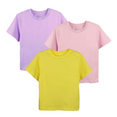 Imagem de Gorboig Camisetas femininas manga curta algodão casual unicórnio gráfico verão gola redonda camisetas tops roupas 3 conjuntos, Amarelo/Roxo/Rosa, Large