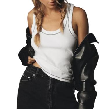 Imagem de LYOYE Camiseta regata feminina sem mangas com gola canoa canelada, Branco, GG
