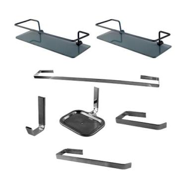 Imagem de Kit Acessórios Para Banheiro Quadrado Aço Inox 5 Peças + 2 Porta Shamp