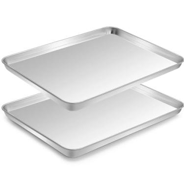 Imagem de Conjunto de 2 assadeiras CEKEE de aço inoxidável, tamanho 25,4 x 20,3 x 2,5 cm, não tóxico, resistente, acabamento espelhado, livre de ferrugem e fácil de limpar