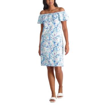 Imagem de Stella Parker Vestido midi feminino com ombro de fora e manga com babados, Branco, azul, GG