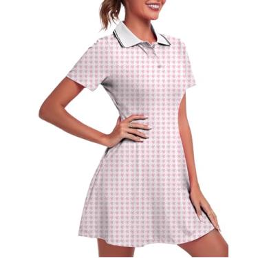 Imagem de FKEEP Vestido feminino de golfe, tênis, treino, atlético, com shorts/manga curta/bolso, Xadrez rosa 19, GG