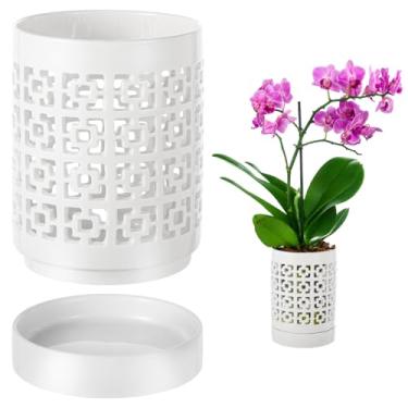 Imagem de Vaso de orquídea de cerâmica com furos para orquídeas com bandeja para decoração de plantas domésticas, material cerâmico de qualidade, design respirável, ideal para uso interno e externo