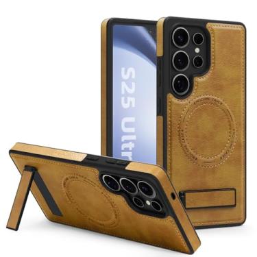 Imagem de AYABUCO Capa de couro para Samsung Galaxy S25 Ultra - [compatível com carregamento sem fio] - Robusta à prova de choque com suporte ajustável - marrom, inclui protetor de lente de câmera (Galaxy S25