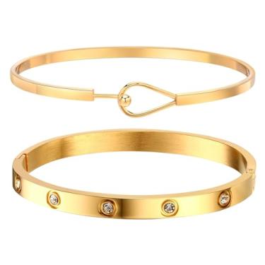 Imagem de Pulseiras de ouro para mulheres - 2 peças banhado a ouro 18 K Bracelete de zircônia cúbica de cristal pulseira de amizade joias, festa de casamento Natal Dia dos Namorados presentes de aniversário para sua namorada, irmã e filha, Sem pedras preciosas