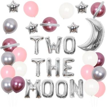 Imagem de Wonmelody Duas decorações de aniversário da lua para meninas - espaço 2º aniversário suprimentos para festa de astronauta espaço sideral decoração de segunda festa com dois balões de folha de lua