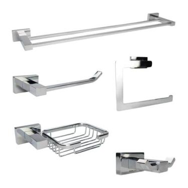 Imagem de Kit Acessórios Quadrado Luxo Banheiro Inox 5 Peças Cromado - KOKAY
