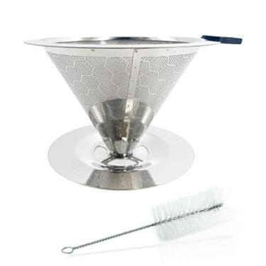 Imagem de Filtro de café sem papel de gotejamento lento, gotejador de café, máquina de café reutilizável para copo único, design de malha dupla de filtro de cone de aço inoxidável, com escova limpa (1 a 4