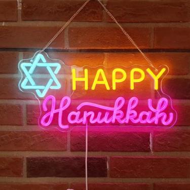 Imagem de Sinal de Neon Fadraney Happy Hanukkah - Luzes de LED com Estrelas de D