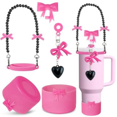 Imagem de VirgoCCY Acessórios para copo Stanley com laço rosa choque, incluindo capa de palha, bota de silicone, alça para garrafa de água, pingentes para copo Stanley Cup 1,134 g copo de 850 g com alça, preto