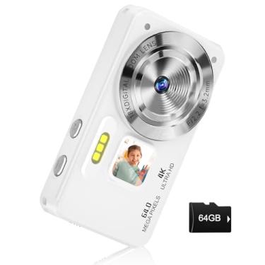 Imagem de Câmera digital, foco automático 4K 64 MP apontar e fotografar câmeras digitais para adolescentes com cartão de 64 GB, câmera de vídeo compacta antivibração com zoom 18X para estudantes, crianças,