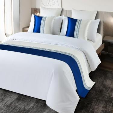Imagem de Tapete de cama de hotel de luxo, macio, confortável, protetor de cama, cachecol elegante, capa de cama de casal com detalhes decorativos para quarto, casa, hotel, casa de hóspedes, toalha de cama azul