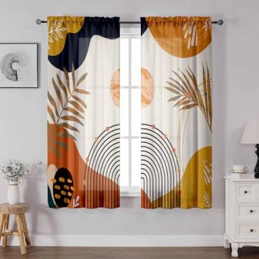 Imagem de Cortinas Boho com filtro de luz de meados do século 150 para sala de estar, laranja, folhas abstratas, sala de jantar, arco-íris, moderna, geométrica, para cozinha, cortina colorida, 2 painéis