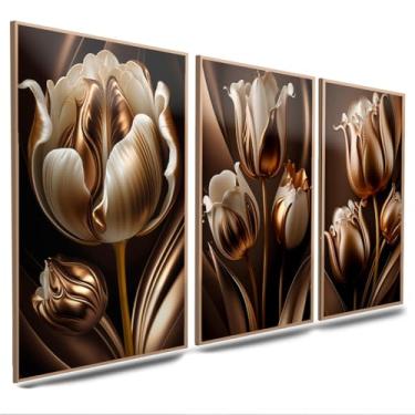 Imagem de Quadros Decorativos Flor Tulipa Dourada e Branca 3 Peças Mosaico Sala Quarto Escritório (06, Tamanho 50x30 Centímetros)