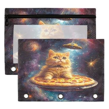 Imagem de Bolsa para fichário Star Cat com 3 anéis para meninos, meninas, escola, escritório, faculdade, galáxia, espaço, pizza, alienígena, estojo, bolsa com janela transparente e zíper, pacote com 2