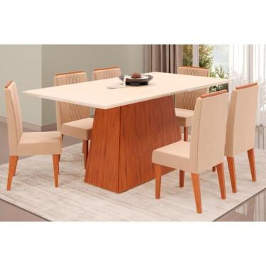 Imagem de Sala De Jantar Completa Dulce Tampo Madeirado C- Vidro Reto 180x90cm E 6 Cadeiras Lia Freijo-off White - Suede Kraft - Dj Móveis