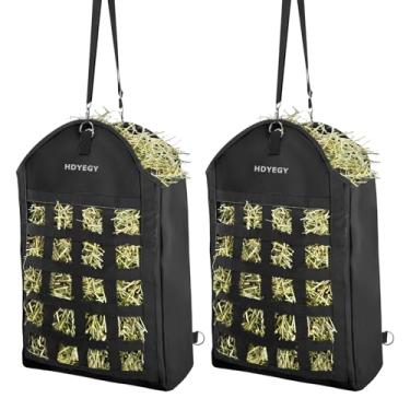 Imagem de HDYEGY Pacote com 2 sacos de feno para cavalos, bolsa de feno resistente com design de redes de feno dianteiras, bolsa de alimentação de cavalo com grande abertura para cavalos, cabras, burros e