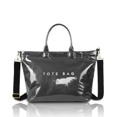 Imagem de LIERWOI Sacola de PVC feminina de papel kraft grande, bolsa de papel moderna, com estampa de letras, alça superior, Z-upgrade-preta, One Size