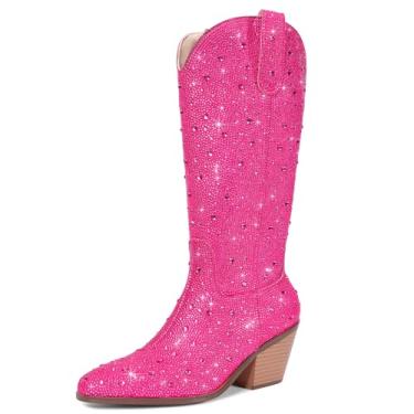 Imagem de RONILURN Botas de cowboy femininas cowgirl, botas ocidentais, salto grosso, moderno, confortável, zíper lateral, Meia panturrilha rosa choque, 41