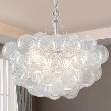 Imagem de BeyPan Lustre De Vidro Bolha Com Acabamento Branco, Luminárias Em Formato Globo Soprado Transparente Nervuras, 20" Diâmetro, Pequenas Luzes Pendentes Para Sala Jantar, Banheiro, Entrada, Quarto