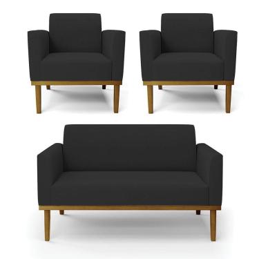 Imagem de Sofá Namoradeira Com 2 Poltronas Base De Madeira Fixa Castanho Marisa Veludo D03 - D?rossi Cor Preto