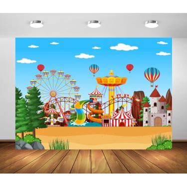 Imagem de BELECO 2,1 x 1,5 m tecido desenho animado parque de diversões, roda-gigante, barraca de circo, montanha-russa de água, fundo de castelo medieval, crianças, chá de bebê, decoração de festa de