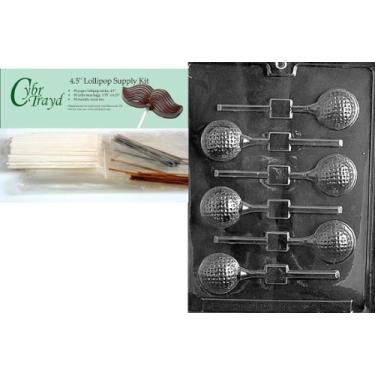 Imagem de Cybrtrayd Molde esportivo para doces de chocolate e pirulito de bola de golfe, inclui 50 palitos de pirulito, 50 sacos de violoncelo, 25 gravatas douradas e 25 prateadas