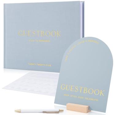 Imagem de Lindo conjunto de livros de convidados de casamento com ano de 2025 personalizado para sua recepção de casamento – Livro de visitas fotográfico Polaroid elegante com capa de linho, placa, caneta de