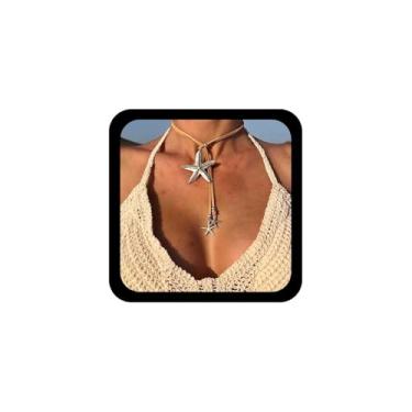 Imagem de Allereyae Colar gótico estrela do mar Y Lariat colar pingente estrela do mar colar prata colar de couro camurça em forma de joia para mulheres
