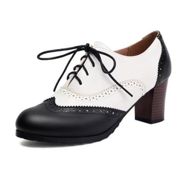 Imagem de JOEUSTY Sapato social feminino clássico bico redondo com cadarço Oxford salto alto bloco grosso vintage Brogues, Branco/preto, 38