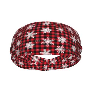 Imagem de Bandanas de cabeça esportivas xadrez vermelho e preto xadrez de Natal flocos de neve para mulheres e homens faixas de cabeça absorventes de suor adequadas para corrida, ioga, fitness, futebol e