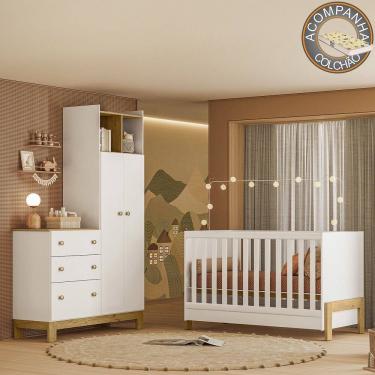 Imagem de Quarto de Bebê com Berço Mini Cama Fantasia e Roupeiro com Cômoda QEncanto Slim Freijó Branco Acetinado Qmovi + Colchão Gazin 
