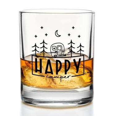 Imagem de Yomisex Presentes de acampamento Copos de uísque de 290 ml, presentes de acampamento para mulheres e homens, Happy Campsite Old Fashioned Rocks Copos para beber Scotch Bourbon Cocktail Liquor Vodka