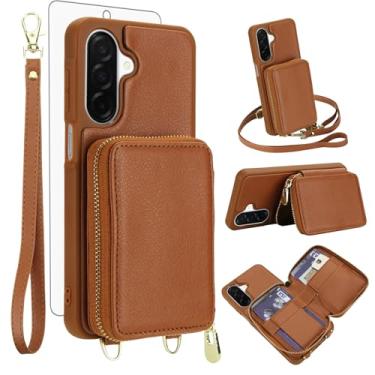 Imagem de Capa de celular para Samsung Galaxy A56 5G carteira de celular com protetor de tela de vidro temperado alça transversal de pulso suporte de cordão com bloqueio RFID slot para cartão de crédito A 56