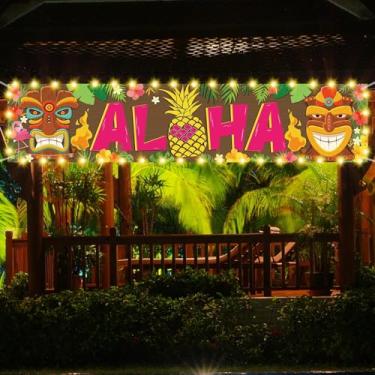 Imagem de OuMuaMua Artigos de decoração de festa havaiana Luau, 1 faixa aluha do Havaí para decorações de festa de aniversário Aloha Hawaii Luau Tropical Moana, decorações Tiki ao ar livre