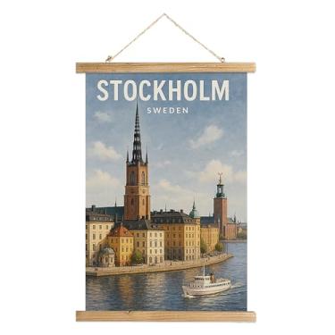 Imagem de WREVERW Pôster vintage de arte de parede Estocolmo Suécia, Pergaminho para pendurar em tela à beira-mar com moldura de madeira, decoração de viagem para sala de estar, quarto, escritório, 40 x 58 cm