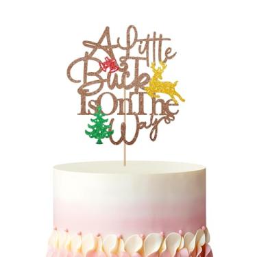 Imagem de Topo de bolo A Little Buck is On The Way, decoração de bolo de chá de bebê de Natal, enfeite de bolo de rena com glitter marrom para meninos e meninas, decoração de festa de primeiro aniversário com