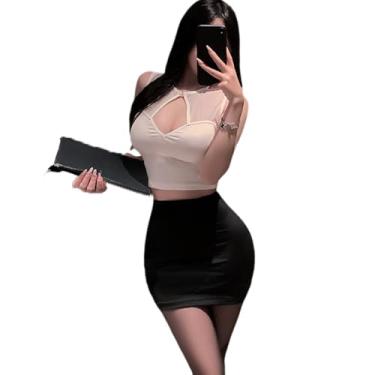 Imagem de QNCLO Saia feminina sexy que abraça o quadril, cosplay, uniforme de secretária, uniforme OL, sedução, boate, professora, roupa íntima, Branco, Tamanho Único