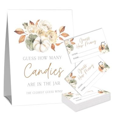 Imagem de Jogo de chá de panela de abóbora com flores de outono, kit de sorteio de chá de bebê (1 placa de pé e 50 cartões de adivinhação), recepção de casamento, recipiente de doces para uma família