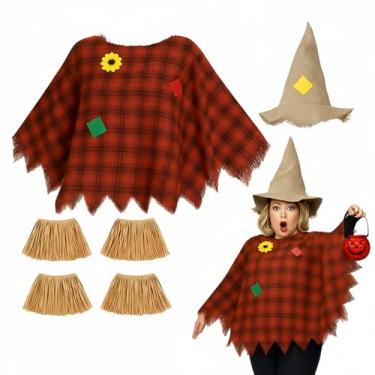Imagem de Ramede 6 peças acessórios de fantasia de espantalho feminino adulto chapéu de espantalho poncho de palha gravatas no tornozelo para cosplay de Halloween (estilo xadrez vermelho)