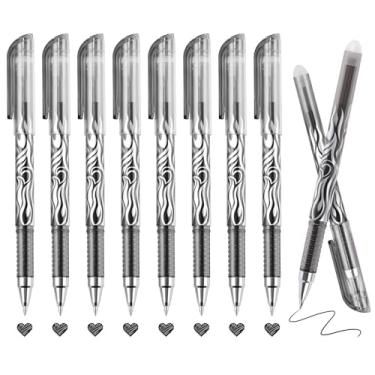 Imagem de RIANCY Pacote com 8 canetas de gel apagáveis de tinta preta, ponta fina de 0,5 mm, barril com estampa de chama, aderência confortável, com borracha, ideal para diário, trabalho escolar, tarefas de