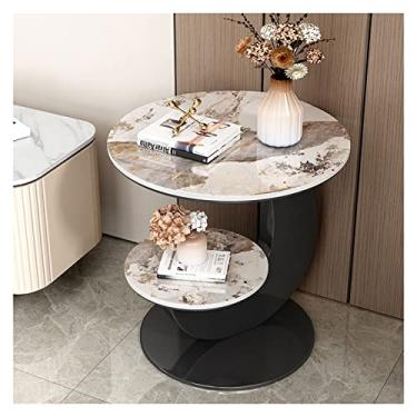 Imagem de Mesa de centro de design simples, mesa lateral redonda com moldura de metal, mesa de cabeceira de destaque com prateleiras de 2 camadas, mesa pequena para sala de estar, quarto, sofá, mesa de centro